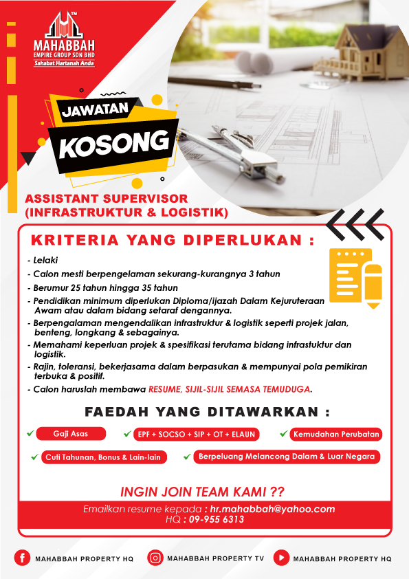 Jawatan Kosong Mahabbah Property Assistant Supervisor Infrastruktur & Logistik