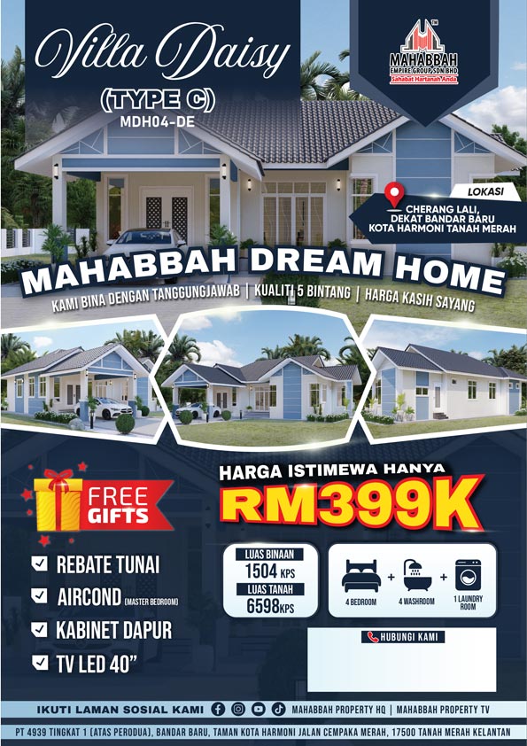 Flyers Kediaman Ekslusif MDH04-DE Villa Daisy (Type C) di Cherang Lali, Dekat Bandar Baru Kota Harmoni Tanah Merah