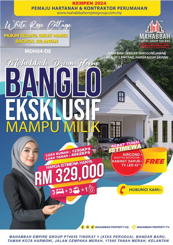 Banglo Mampu Milik Mahabbah Dream Home (MDH) White Rose Cottage (Type A) Mukim Telong Dekat Mardi Bachok Kelantan
