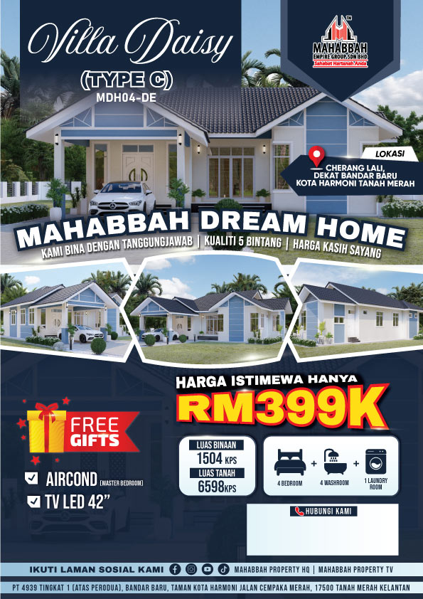 Flyers Kediaman Ekslusif MDH04-DE Villa Daisy (Type C) di Cherang Lali, Dekat Bandar Baru Kota Harmoni Tanah Merah