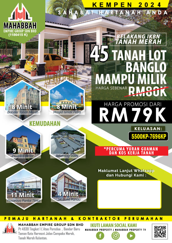 Flyers Tanah Lot Banglo Untuk Dijual di Belakang IKBN, Tanah Merah (TM6)