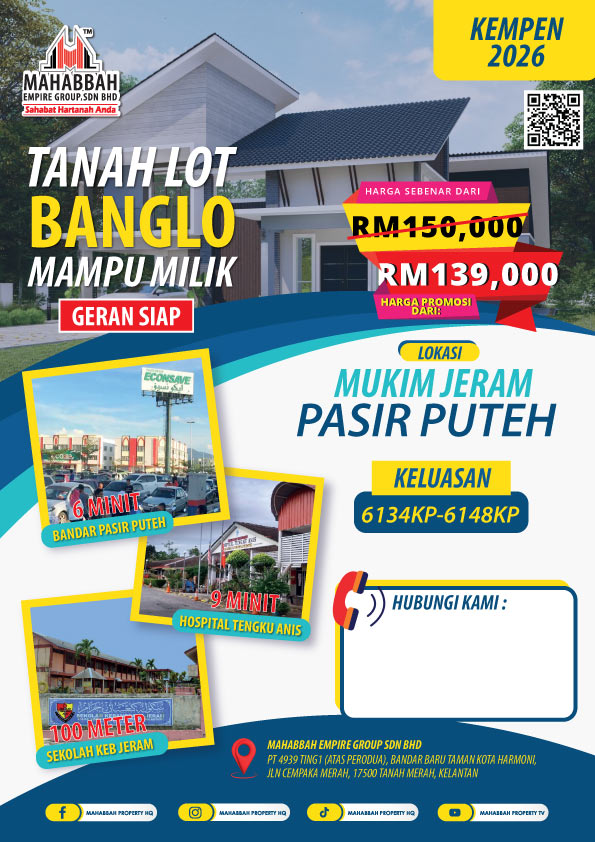 Flyers Tanah Lot Banglo Mampu Milik Untuk Dijual di Mukim Jeram, Pasir Puteh (PP2)