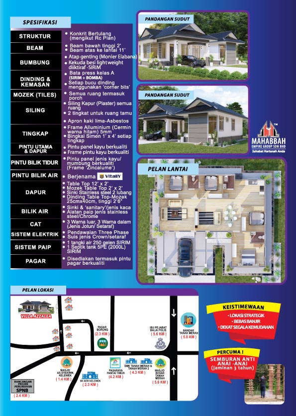 Info Mahabbah Dream Home (MDH) Banglo Mampu Milik MDH03-DE Villa Azzalea (Type F) Kelewek Tanah Merah