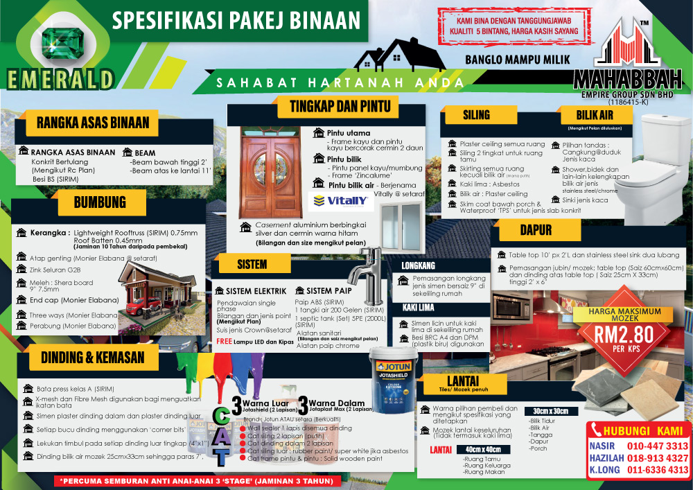 Spesifikasi Binaan Pakej Emerald Banglo Mampu Milik Mahabbah Empire Group Sdn Bhd